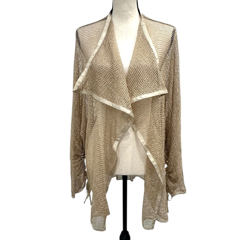 RALPH LAUREN BLACK LABEL GOLD METALLIC HAND CROCHET OPEN FRONT CARDIGAN